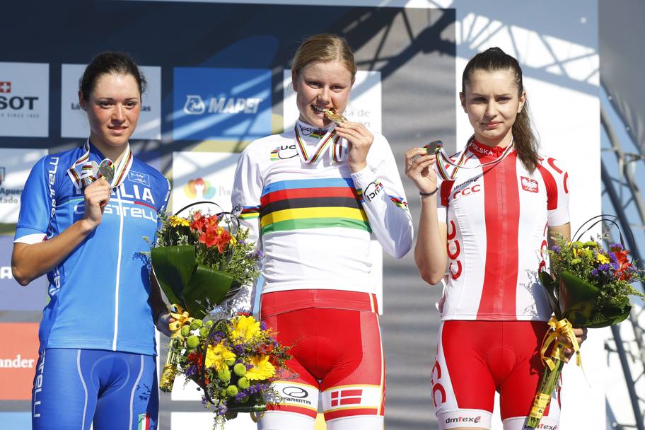 Da sinistra il podio delle juniores: Sofia Bertizzolo, Amalie Dideriksen e Agnieszka Skalniak. Bettini